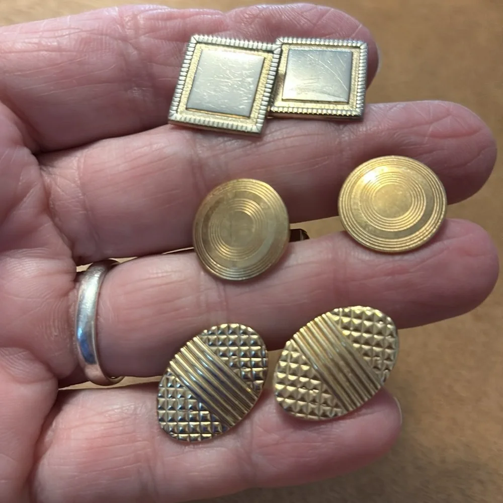 Vintage Gold Tone etched and hammered design Cuff Links Lot of 3